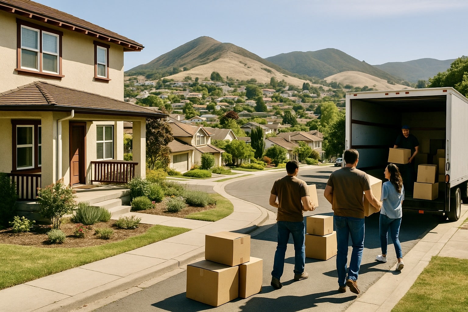 A family and professional movers unloading boxes during moving to San Luis Obispo County, with a hillside home and moving truck in view.