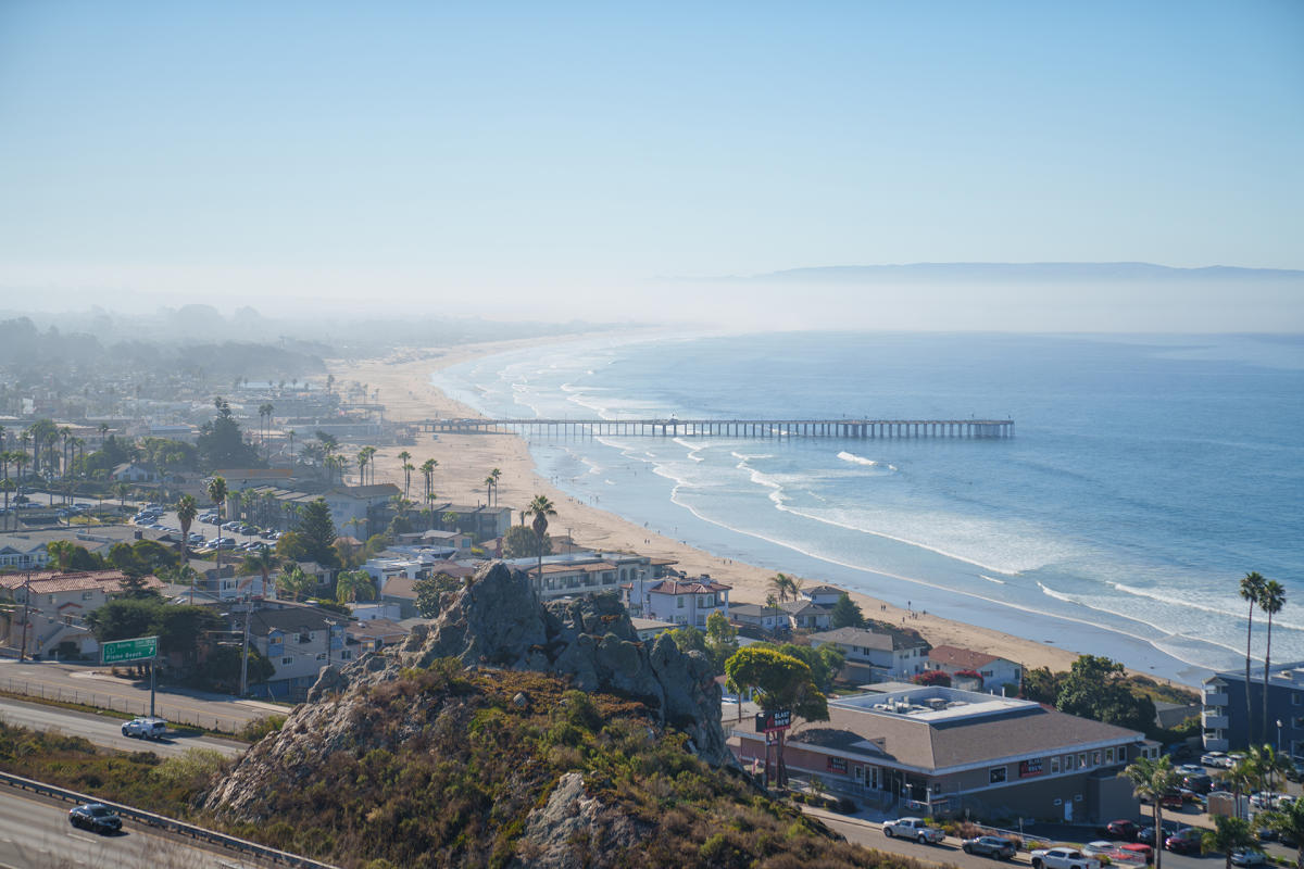 Downtown Pismo Beach, Pismo Pier, and the coastline in San Luis Obispo County California