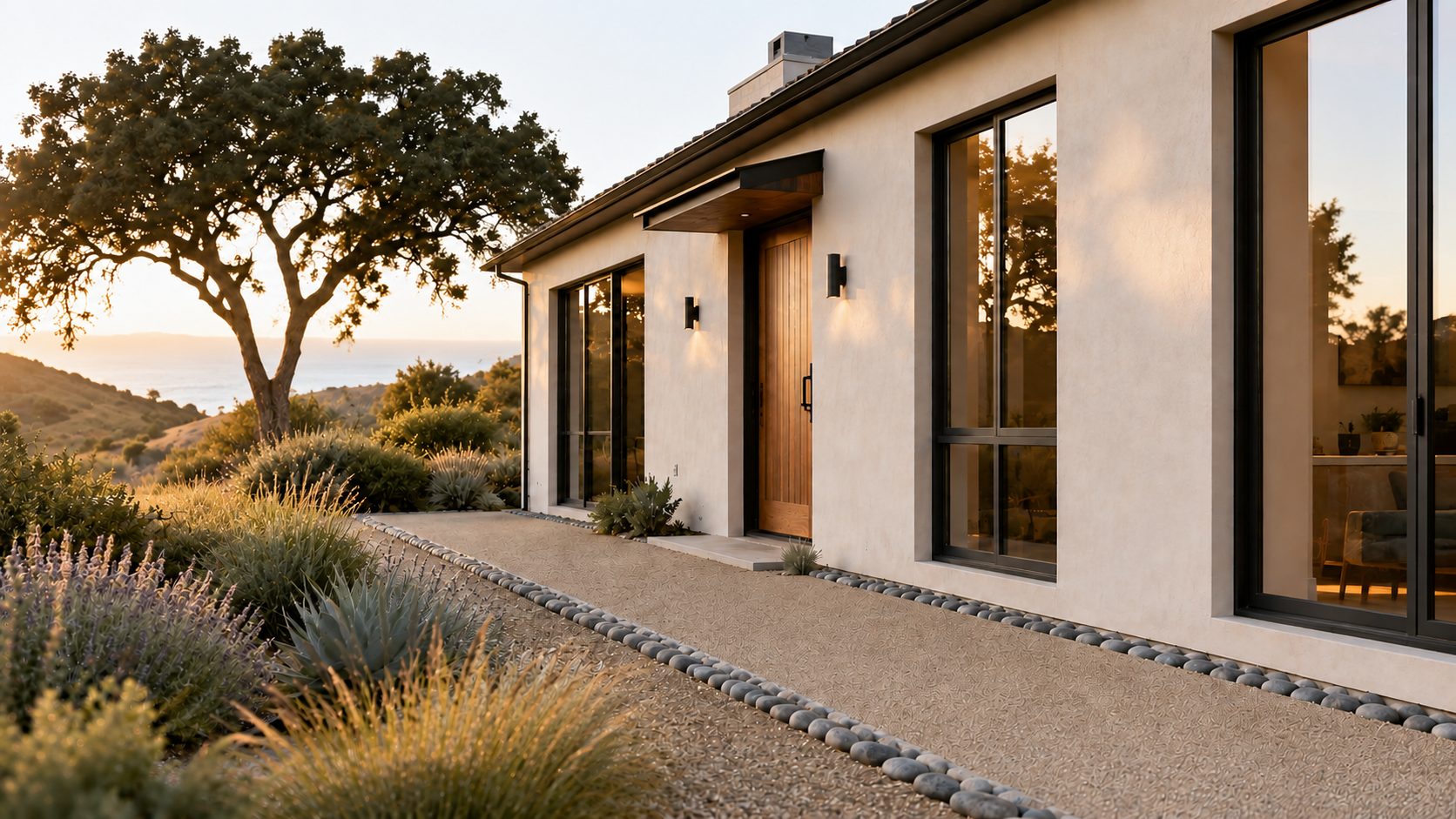 Modern San Luis Obispo County home at golden hour with a gravel and stone border along the foundation and drought-tolerant planting set back from the house