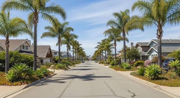 Palm lined residential street with two story homes in a Grover Beach neighborhood, San Luis Obispo County, California
