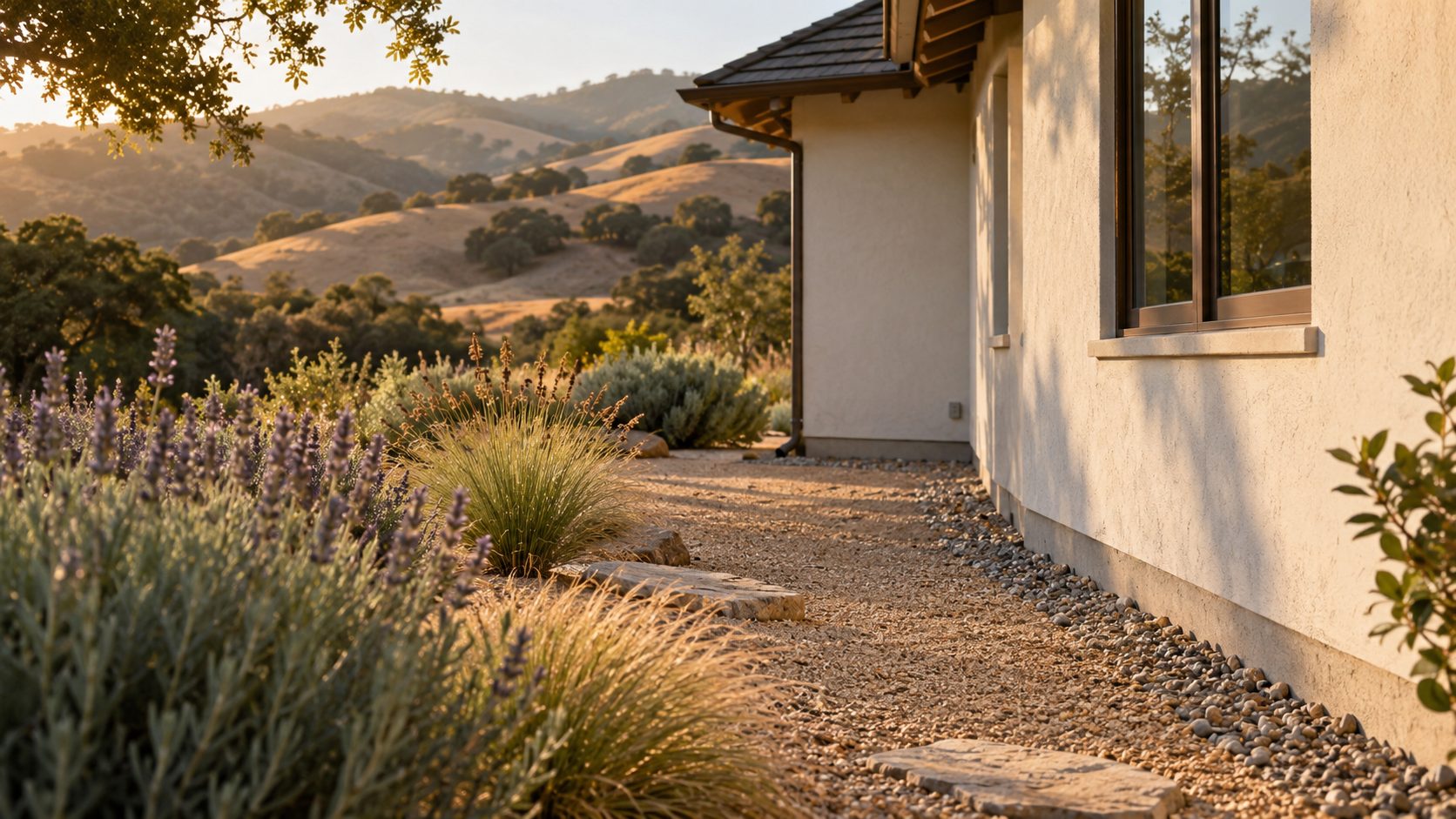 Gravel and stone border at the foundation of a Central Coast home in a fire hazard severity zone, with drought-tolerant plants set back from the wall