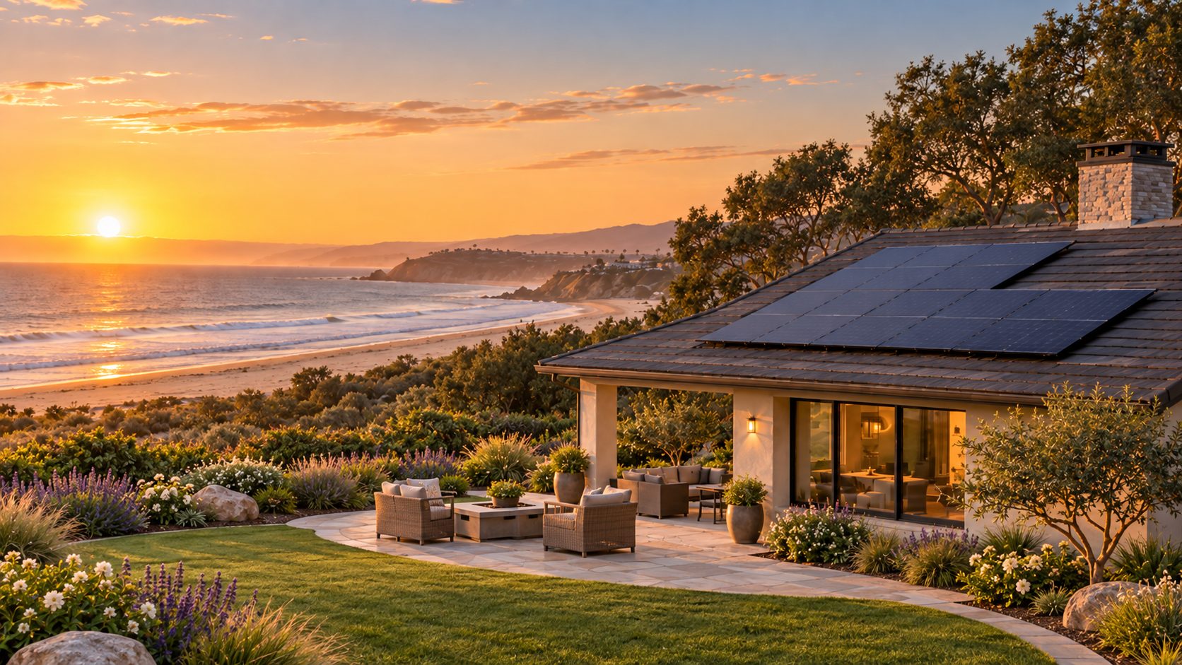 A Central Coast home with solar panels on the roof at golden hour in San Luis Obispo County