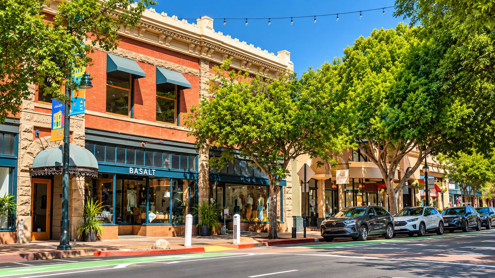 Downtown San Luis Obispo storefronts and street trees on a sunny afternoon