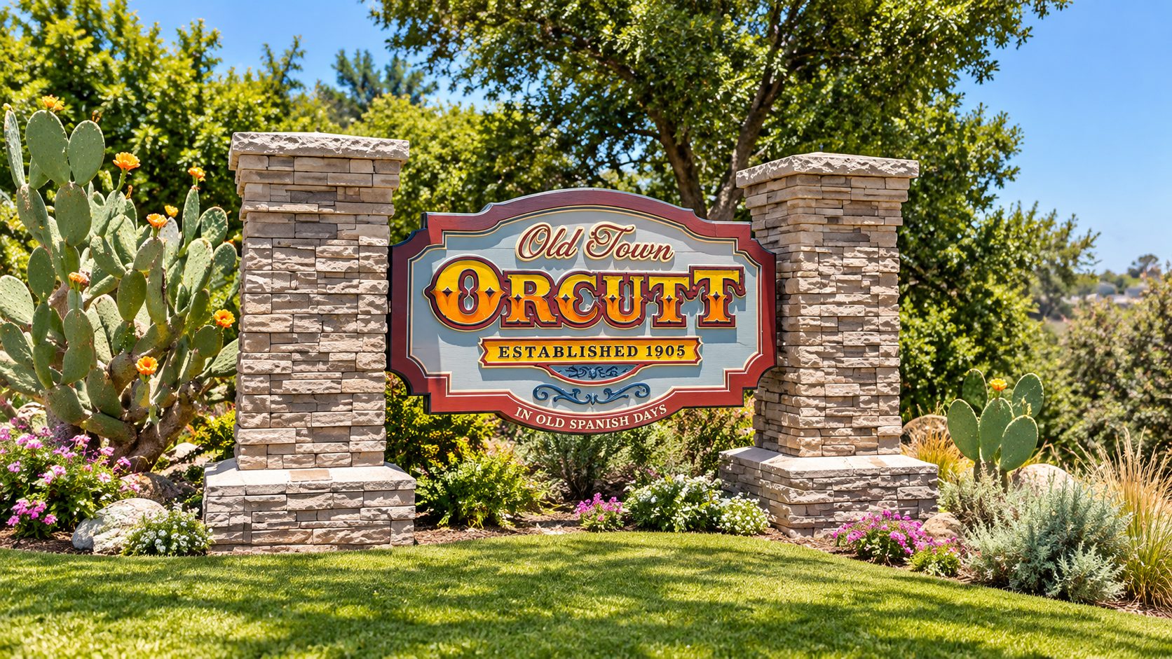 Sign reading Old Town Orcutt between stone pillars, with cactus and flowering plants
